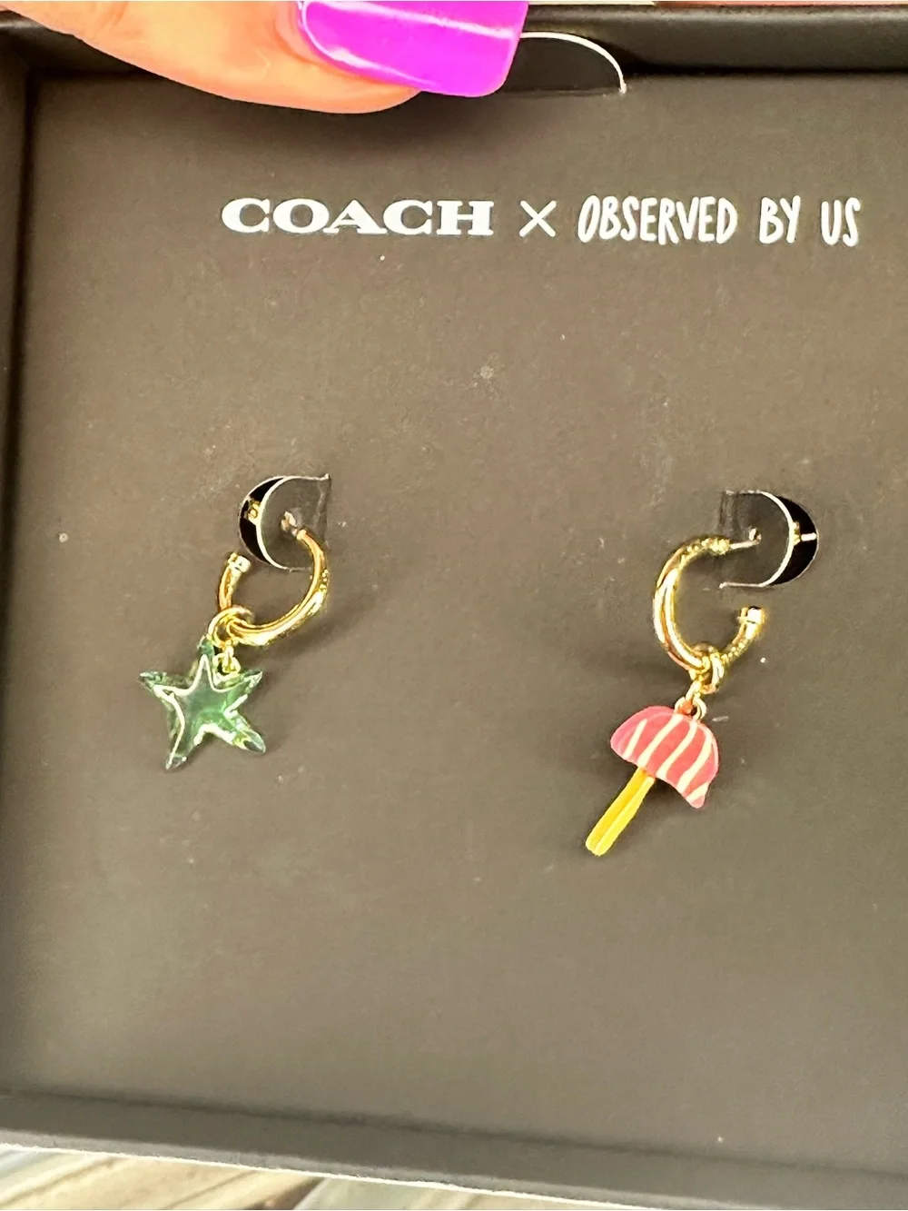 Coach Gold-Tone Hoop Earrings with Star & Mushroom Charms - Picture 4 of 5
